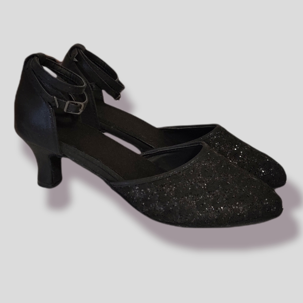 Italian Small Heel Sparkly Black Dance Shoes with Ankle Strap and Buckle